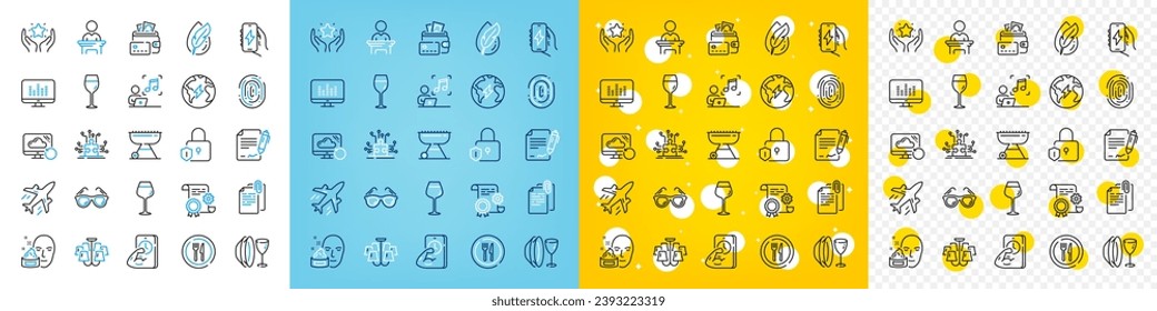 Vector icons set of Grill, Electricity and Bordeaux glass line icons pack for web with Music making, Ranking, Food outline icon. Plane, Hypoallergenic tested, Signing document pictogram. Vector