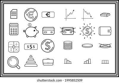 Vector icons set - growth chart, cash, wallet, graph, gold bar, credit card, dollar. Business icons. Vector illustration isolated on white background.