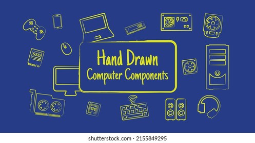 Vector icons set of hand drawn computer components editable strokes gaming pc parts of psu ssd gamepad mouse headphone pc fan ram graphic card monitor keyboard speakers
