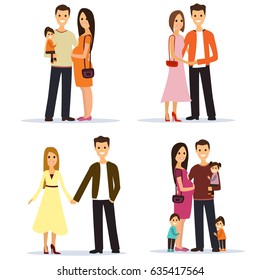 Vector icons set of happy loving couples isolated on white background. Young people dating, families with kids flat style design elements.