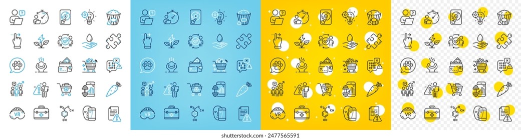 Conjunto de iconos de vectores de Hdd, empleado de Búsqueda y paquete de iconos de línea de zanahoria para el Web con pregunta en línea, App de fitness, icono de esquema de trabajo en equipo aprobado. Biometría de la cara, rompecabezas, pictograma del temporizador. Vector