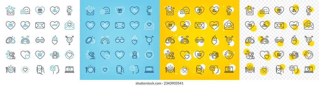 Vector icons set of Heart flame, Heart and Dating app line icons pack for web with Love, Romantic talk, Love letter outline icon. Be good, Genders, Valentine pictogram. Be true. Vector