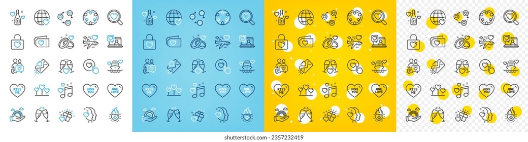 Vector icons set of Heart flame, Lgbt and Love letter line icons pack for web with Honeymoon cruise, Love gift, Like button outline icon. Heart, Inclusion, Marriage rings pictogram. Vector
