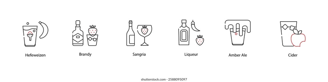 Vector Icons Set - Hefeweizen, Brandy, Sangria, Liqueur, Amber Ale, Cider