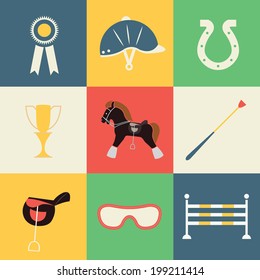 Vector icons set of horse rider sport / Horse equipment / Equine icons / Horse racing icons