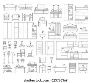 Vector icons set of house interior furniture. Collection in thin linear style. elements of kitchen, bathroom, bedroom, wardrobe and living room: table, office desk and chair, lamp, sofa and bed.