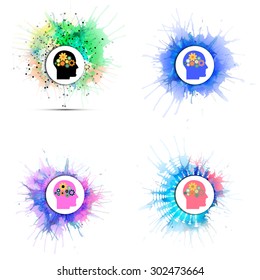 Vector icons set of human head with gears. Concept of human thinking. Colorful design with stains and blots