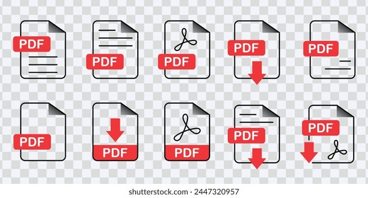 "Vector icons set illustrating PDF file format symbols, ideal for download buttons, representing text, image, and vector content."