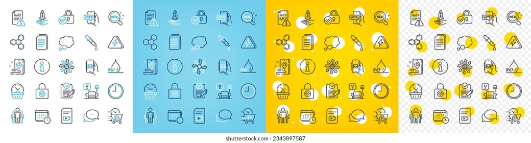 Vector icons set of Info, Talk bubble and Time line icons pack for web with Chemical formula, Dots message, Mail app outline icon. Waterproof, Online voting, Versatile pictogram. Rfp. Vector