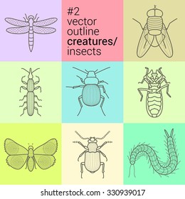 vector icons set insects, bugs collection outline contour kit. sign EPS badge planimetric  illustration creatures spiders, scorpions, beetle stag, butterfly, bug, insect, ant, hexapod, flyer download