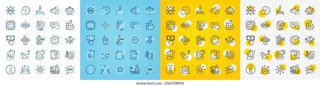 Vector icons set of Journey, Dao and Feather signature line icons pack for web with Fake internet, Sound wave, Correct answer outline icon. Idea, Transmitter, Employees messenger pictogram. Vector