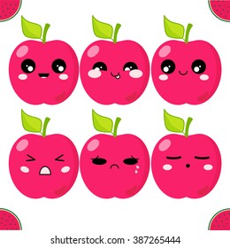 Vector icons set. Kawaii apples with leaves and muzzles. Funny, cute, sweet emotions, smiles. On white background. Flat cartoon style 