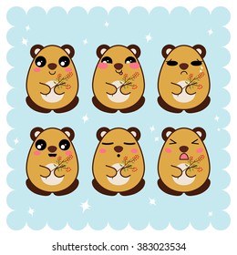 Vector icons set. Kawaii brown honey bears with branch of raspberries. Funny, cute, sweet emotions, smiles. On blue background with sparkles. Flat cartoon style