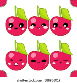  Vector icons set. Kawaii cherry with leaves. Funny, cute, sweet emotions, smiles. On white background. Flat cartoon style 