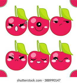  Vector icons set. Kawaii cherry with leaves. Funny, cute, sweet emotions, smiles. On white background. Flat cartoon style 