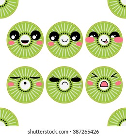 Vector icons set. Kawaii kiwi with muzzles. Funny, cute, sweet emotions, smiles. On white background. Flat cartoon style 