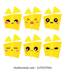 Vector icons set. Kawaii present boxes with muzzles. Funny, cute, sweet emotions, smiles. On white background. Flat cartoon style, yellow bright colors