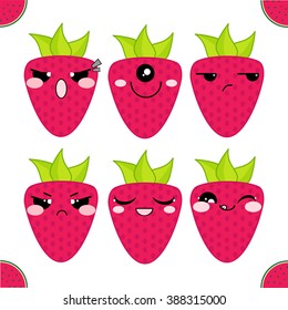 Vector icons set. Kawaii strawberry with leaves. Funny, cute, sweet emotions, smiles. On white background. Flat cartoon style 