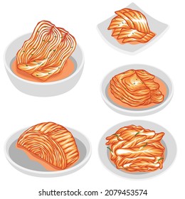 Vector icons set of kimchi korean food, vector illustration. Slices kimchi, cabbage kimchi on plate isolated on white.