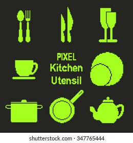 Vector icons set of kitchen utensil in pixel art style
