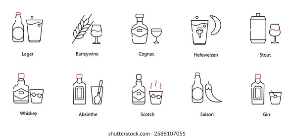 Vector Icons Set - Lager, Barleywine, Cognac, Hefeweizen, Stout, Whiskey, Absinthe, Scotch, Saison, Gin