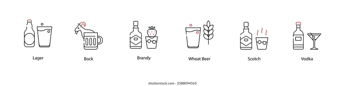 Vector Icons Set - Lager, Bock, Brandy, Wheat Beer, Scotch, Vodka