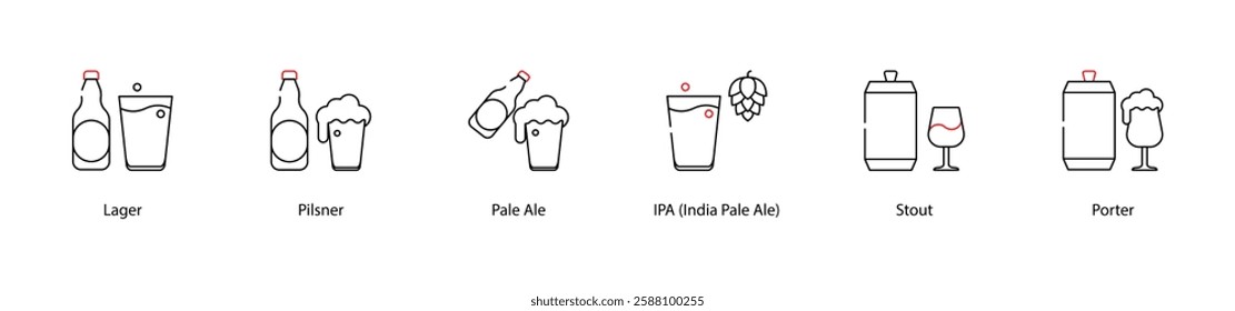 Vector Icons Set - Lager, Pilsner, Pale Ale, IPA (India Pale Ale), Stout, Porter