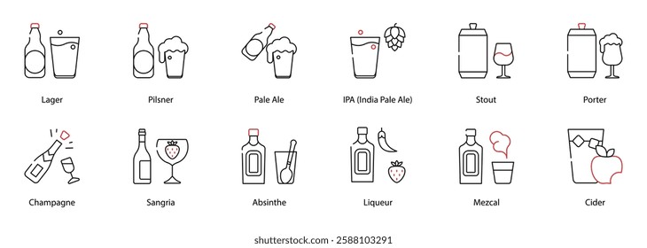 Vector Icons Set - Lager, Pilsner, Pale Ale, IPA (India Pale Ale), Stout, Porter, Champagne, Sangria, Absinthe, Liqueur, Mezcal, Cider