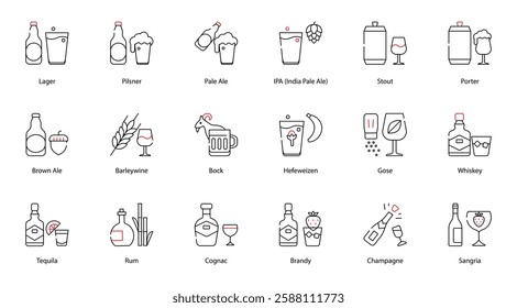 Vector Icons Set - Lager, Pilsner, Pale Ale, IPA (India Pale Ale), Stout, Porter, Brown Ale, Barleywine, Bock, Hefeweizen, Gose, Whiskey, Tequila, Rum, Cognac, Brandy, Champagne, Sangria