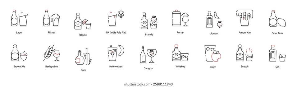 Vector Icons Set - Lager, Pilsner, Tequila, IPA (India Pale Ale), Brandy, Porter, Liqueur, Amber Ale, Sour Beer, Brown Ale, Barleywine, Rum, Hefeweizen, Sangria, Whiskey, Cider, Scotch, Gin