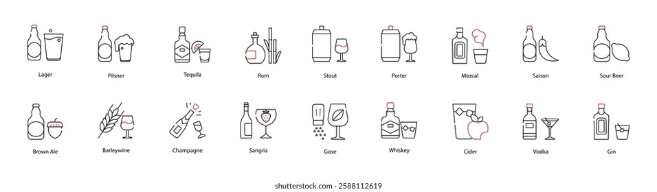 Vector Icons Set - Lager, Pilsner, Tequila, Rum, Stout, Porter, Mezcal, Saison, Sour Beer, Brown Ale, Barleywine, Champagne, Sangria, Gose, Whiskey, Cider, Vodka, Gin