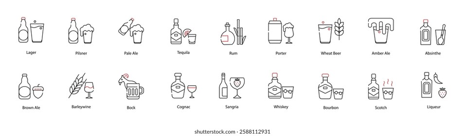 Vector Icons Set - Lager, Pilsner, Pale Ale, Tequila, Rum, Porter, Wheat Beer, Amber Ale, Absinthe, Brown Ale, Barleywine, Bock, Cognac, Sangria, Whiskey, Bourbon, Scotch, Liqueur