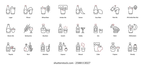 Vector Icons Set - Lager, Pilsner, Wheat Beer, Amber Ale, Saison, Sour Beer, Pale Ale, IPA (India Pale Ale), Brown Ale, Barleywine, Bourbon, Scotch, Vodka, Gin, Bock, Hefeweizen, Tequila, Rum, Absinth