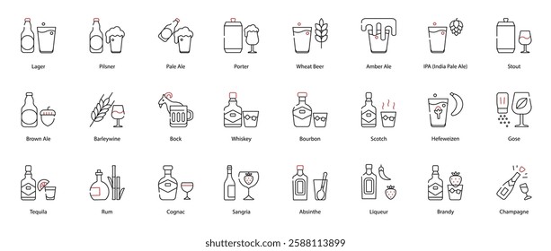 Vector Icons Set - Lager, Pilsner, Pale Ale, Porter, Wheat Beer, Amber Ale, IPA (India Pale Ale), Stout, Brown Ale, Barleywine, Bock, Whiskey, Bourbon, Scotch, Hefeweizen, Gose, Tequila, Rum, Cognac 