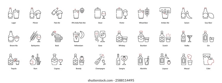 Vector Icons Set - Lager, Pilsner, Pale Ale, IPA (India Pale Ale), Stout, Porter, Wheat Beer, Amber Ale, Saison, Sour Beer, Brown Ale, Barleywine, Bock, Hefeweizen, Gose, Whiskey, Bourbon, Scotch 