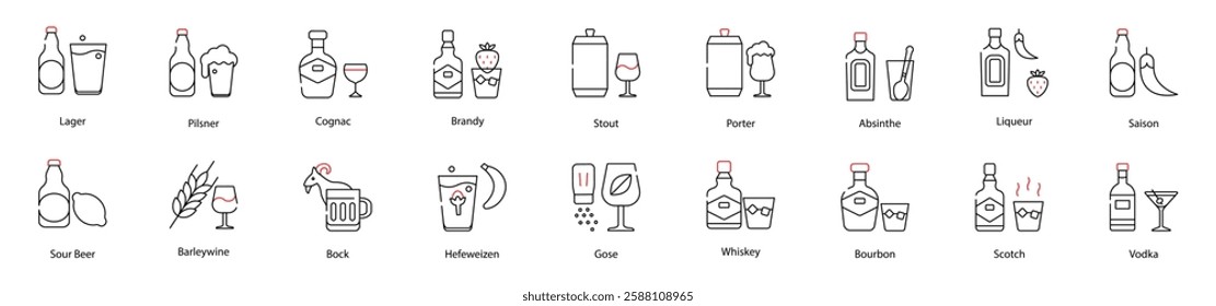 Vector Icons Set - Lager, Sour Beer, Pilsner, Barleywine, Cognac, Brandy, Liqueur, Saison, Bourbon, Scotch