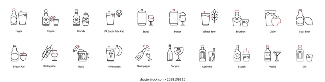 Vector Icons Set - Lager, Tequila, Brandy, IPA (India Pale Ale), Stout, Porter, Wheat Beer, Bourbon, Cider, Sour Beer, Brown Ale, Barleywine, Bock, Hefeweizen, Champagne, Sangria, Absinthe, Scotch 