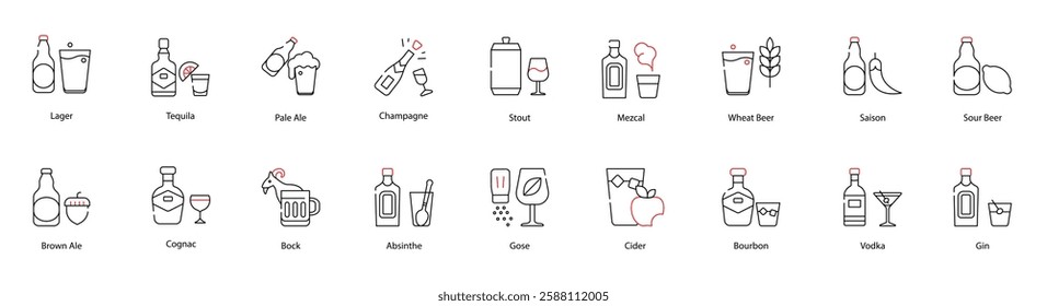 Vector Icons Set - Lager, Tequila, Pale Ale, Champagne, Stout, Mezcal, Wheat Beer, Saison, Sour Beer, Brown Ale, Cognac, Bock, Absinthe, Gose, Bourbon, Vodka, Gin