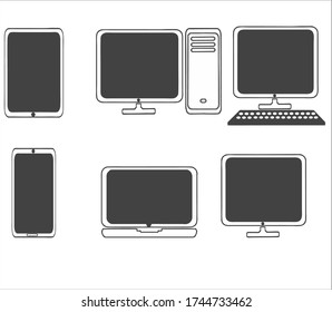 Vector icons set of laptop, smartphone, phone, tablet, monitor, candy bar, server, with a black background