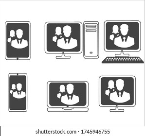 Vector icons set of laptop, smartphone, phone, tablet, monitor, candy bar, server, man and woman icons depicting screens