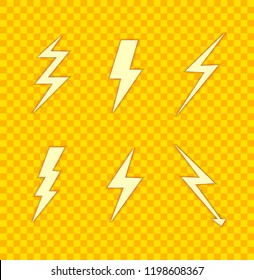 Vector Icons Set: Lightnings, Paper Art Style, Colorful Yellow and Orange Illustration.