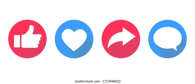 Vector icons set. Like, comment, share icons. Social network signs. Different color objects.