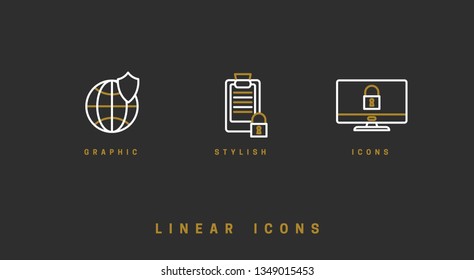 Vector icons set. Linear. Business Data Security and Cloud Security