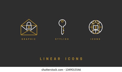 Vector icons set. Linear. Business Data Security and Cloud Security