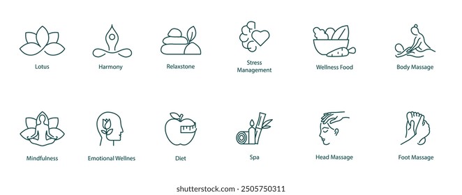 Vektorsymbolsatz: Lotus, Harmonie, Relax Stone, Stressmanagement, Wellness Food, Körpermassage, Achtsamkeit, Meditation, emotionales Wohlbefinden, Diät, Spa, Kopfmassage, Fußmassage