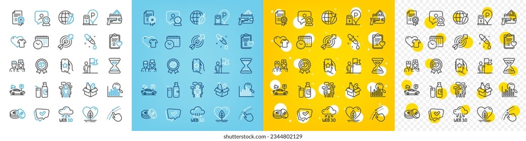 Iconos vectores conjunto de premios de amor, robo a mano armada e iconos de la línea de la estación de carga para web con el icono Tiempo, Aprobado, Esquema de ahorro. Historial de pacientes, búsqueda, pictograma de sutura. Vector