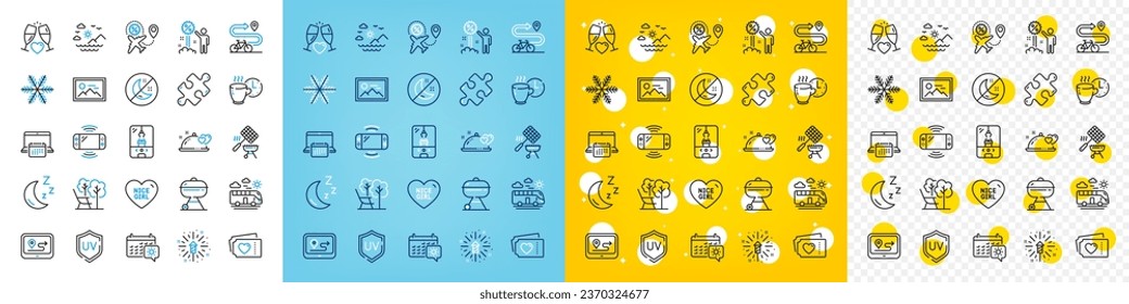 Vector icons set of Love tickets, Deckchair and Game console line icons pack for web with Grill, Travel calendar, Crane claw machine outline icon. Photo, Nice girl, Snowflake pictogram. Vector