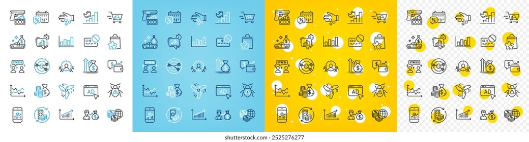 Conjunto de iconos vectoriales de puntos de fidelidad, temporizador de estadísticas e iconos de línea de error de software para el Web con dinero de donación, tensión difícil, icono de esquema de gráfico. Robo, tarjeta, pictograma de presupuesto. Vector