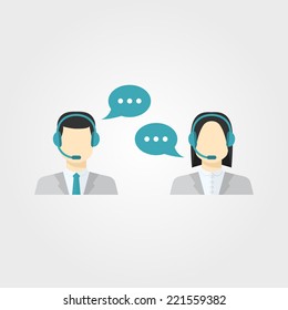 Vector icons set Male and female call center avatars in a flat style with a headset,color speech bubbles conceptual of communication, client services, telemarketing,business