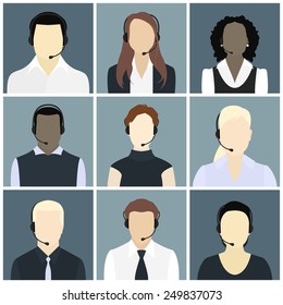 Vector icons set Male and female call center avatars in a flat style with a headset, conceptual of communication, client services, telemarketing, business